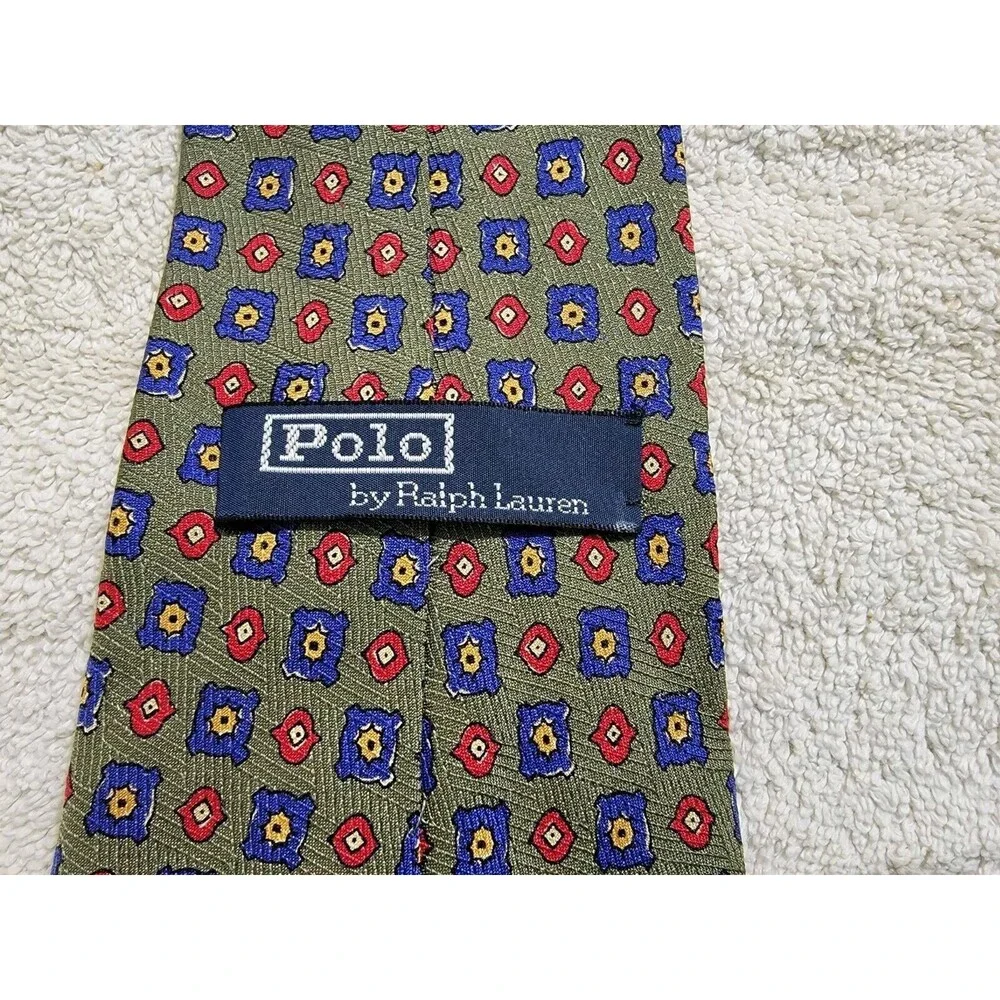 VTG 90s‎ Polo Ralph Lauren green foulard geometric 100% silk hand made tie USA